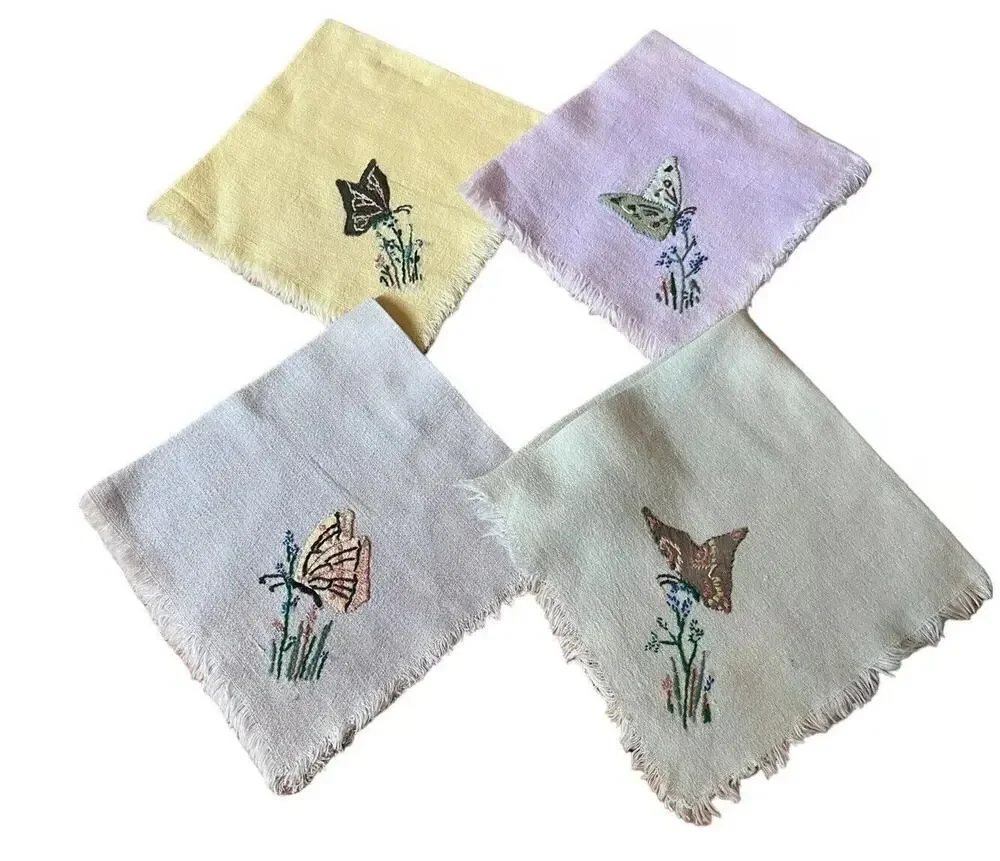 4 Vintage Dinner Napkins Pastel Butterfly Embroidery Cotton Fringed